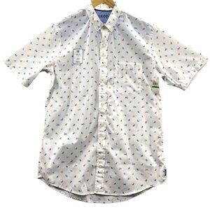 Izod Men's 2XL White Button-Down Shirt Short Sleeve Beach Chair Print COOL FX